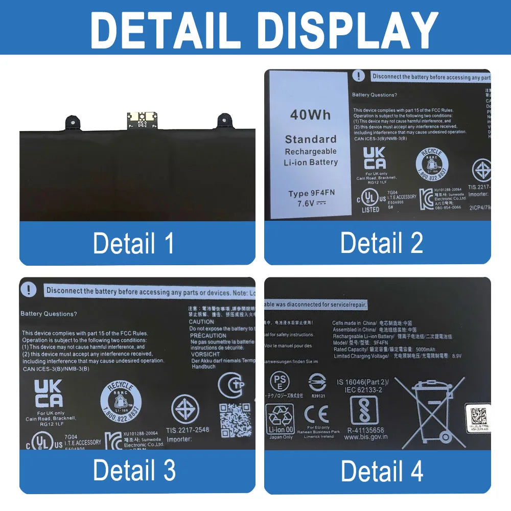 High quality 9F4FN 5000mAh 40Wh 7.6V Laptop Battery for Dell Latitude 7320 2-in-1 Detachable
