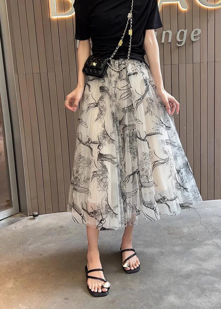 Women Flocking Flower Tulle Gauze Skirt Elegant Sweet Elastic Waist Midi Floral Mesh Skirt For All Season