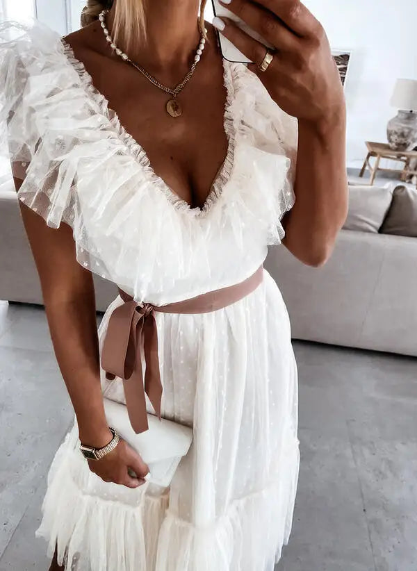 2025 Summer Women's Solid Color V-neck Ruffled Belt Short Sleeve Lace Party Dresses Birthday Dress for Female 3XS-10XL 9XL 8XL