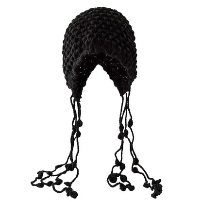 Women's Fashion Hand Woven Tassel Ball Knitted Hat Comfortable Warm Soft Skin-friendly Pullover Cap Street Photography Travel