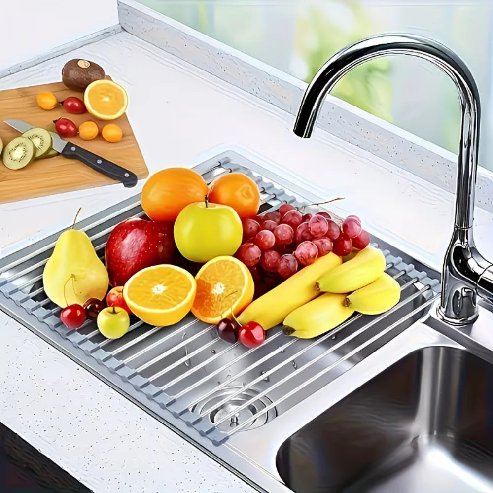 Rollable Foldable Stainless Steel Sink Drying Rack Kitchen Multifunctional Dish Drainer For Vegetable Fruit Storage