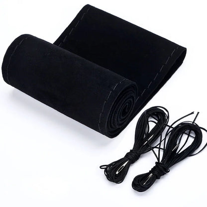 Steering Wheel Cover Turned Fur Hand Sewn Suede Leather Four Seasons 38cm DIY Braid Handle Cover Steering Wheel Protection Cover