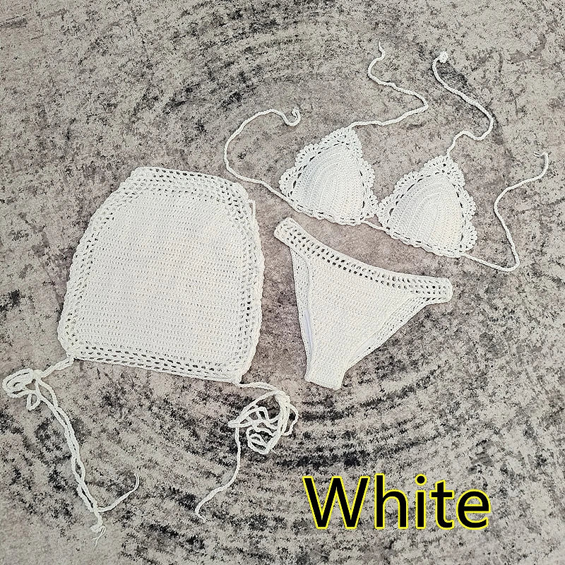 3 Piece Hand Crochet Beach Bikini Set Women Swimwear Cover UP Mini Skirt Swimsuit Suit