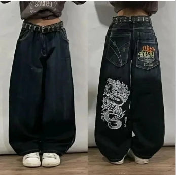 Europe and The United States Diablo Cropped Jeans Women New High Street in Summer To Do Old Creases Patch Wide Leg Pants Unisex