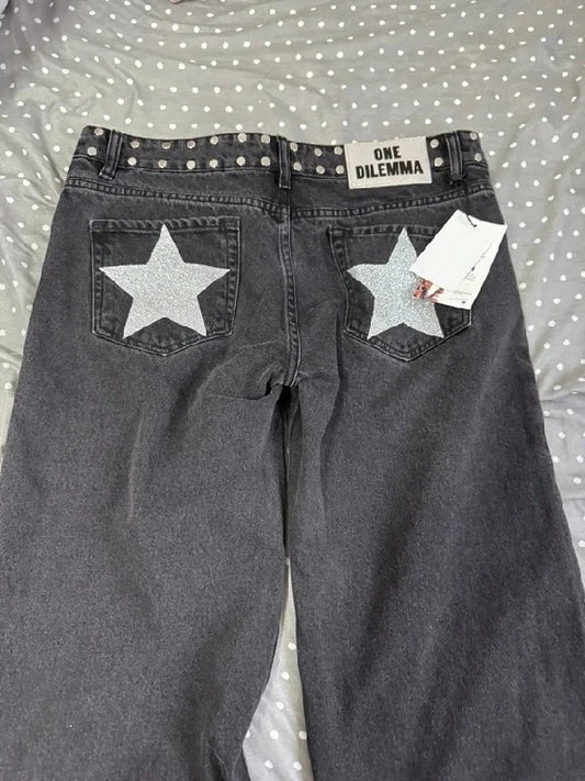American ONE DILEMMA Jeans Y2K Womens Gothic Five Pointed Star Sequined Rivet Baggy Jeans Fashion Casual Mid Rise Slim Trousers