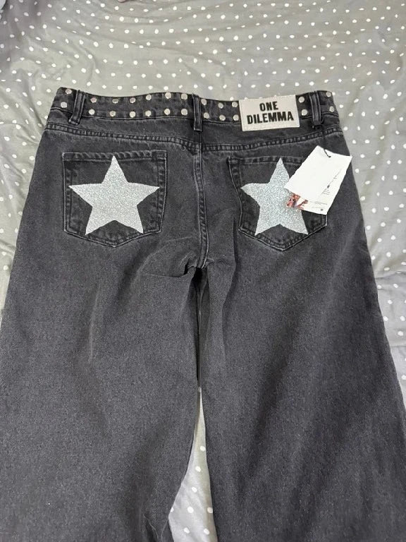 American ONE DILEMMA Jeans Y2K Womens Gothic Five Pointed Star Sequined Rivet Baggy Jeans Fashion Casual Mid Rise Slim Trousers