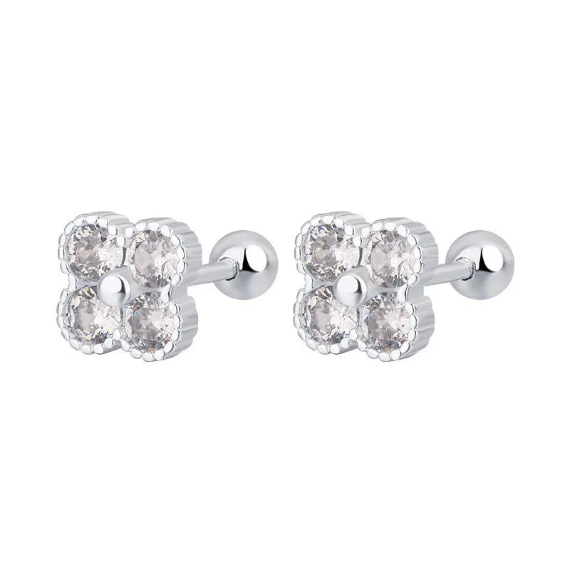 925 Sterling Silver Four Round Zircon Small Piercing Stud Earrings For Women Luxury Elegant Fine Jewelry Accessories Jewellery