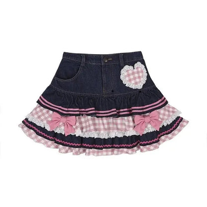 Preppy Style Lolita Kawaii Skirts Japanese Sweet Mini Women Harajuku Cute Ball Denim Y2K High Waist Lace Cake Skirts