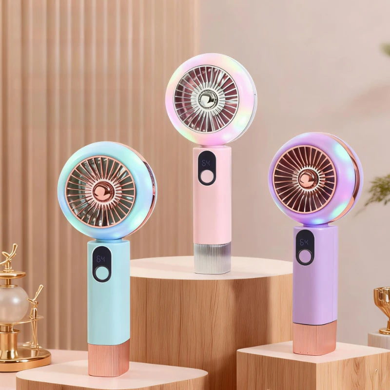 Portable Handheld Fan USB Rechargeable Mini Cooling Fan Digital Display LED Light Personal Fan for Travel Camping Outdoor