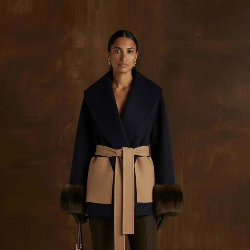 Stylish Girl New Imitation Wool Color Blocked Casual Jacket Faux Fur Cuffs Slim Fit Belt Coat Date Commuter  Female Clothing