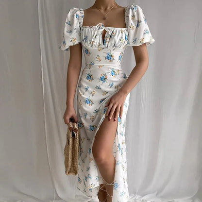 Skinny floral prints Dresses for Summer Women's Dress Square Neck Short Bubble Sleeves High Waist Lace-up Maxi Split Dress