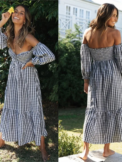 Fashion Print Off Shoulder Women's Plaid Dress New Autumn Fashion Elegant Party Casual Dresses Femlae Holiday Robe Femme