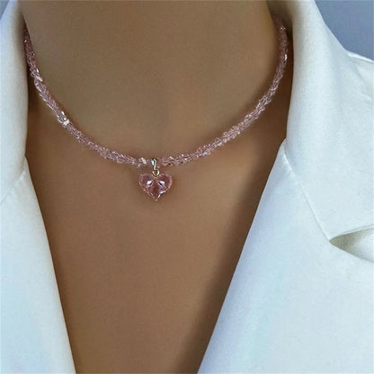 Collier pendentif cœur en zircon et pompons style vintage pour femme, style bohème géométrique baroque, chaîne en cristal transparent