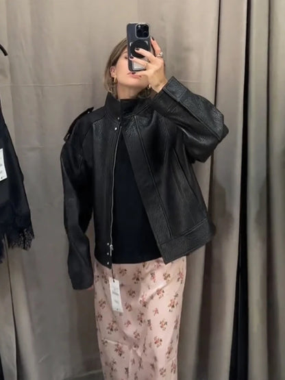 Street PU Leather Bomber Jacket Women Zipper Stand Collar Pocket Loose Vintage Full Sleeve Coat Female 2025 Autumn Lady Outwear