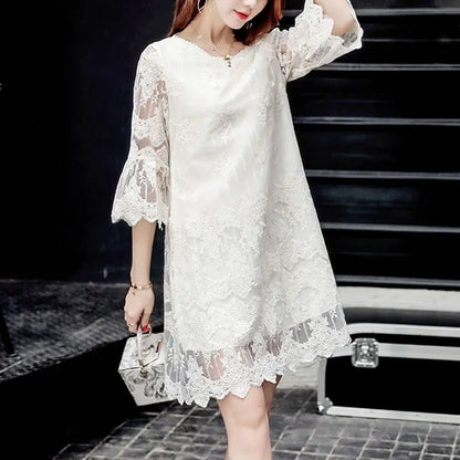 Women's Clothing Elegant Lace Patchwork Midi Dress O-Neck Spring Summer 3/4 Sleeve Commute A-Line Fashion Hollow Out Dresses New