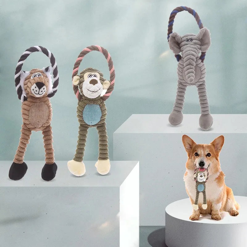 Dog Plush Toys Squeaky Animal Toys Lion Elephant Monkey Shaped Pet Chew Toy Interactive Teeth Cleaning Toy Pet Training Anti Bit