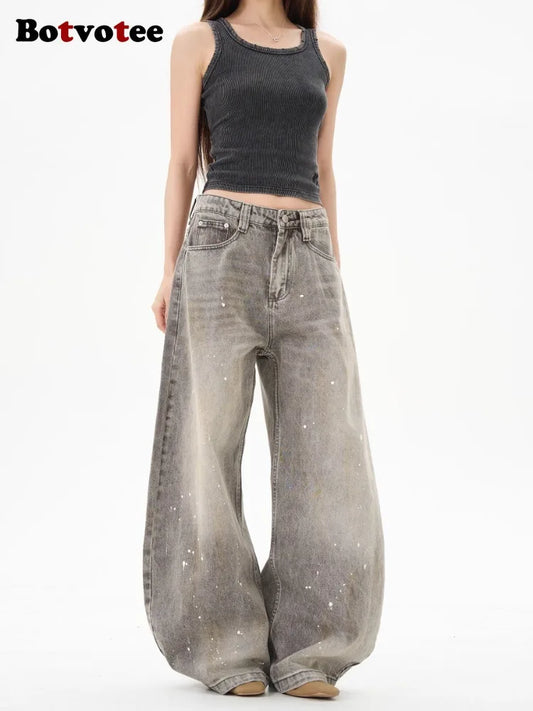 Botvotee American Vintage Splatter Paint Gray Baggy Jeans for Women High Waisted Wide Leg Y2k Loose Streetwear Jean Denim Pants