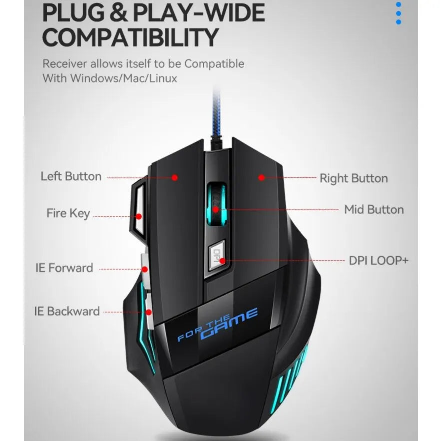 1 PC New Hyperspeed USB Gaming Mouse RGB Backlit Ergonomic Game Mice 7D Esports Wired Mouse for Laptop PC Gamer