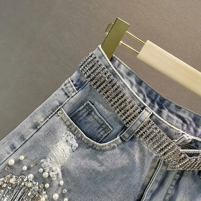 Denim Shorts Women's 2025 Summer Clothes New European High Waist Thin Heavy Industry Beaded Sequined Fringed Broken Copper Jeans