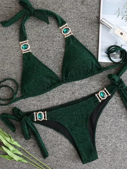 Halter Crystal Rhinestone Diamond Bikini 2025 Female Swimsuit Women Swimwear Two Pieces Bikini set Brazilian Bathing Suit Swim