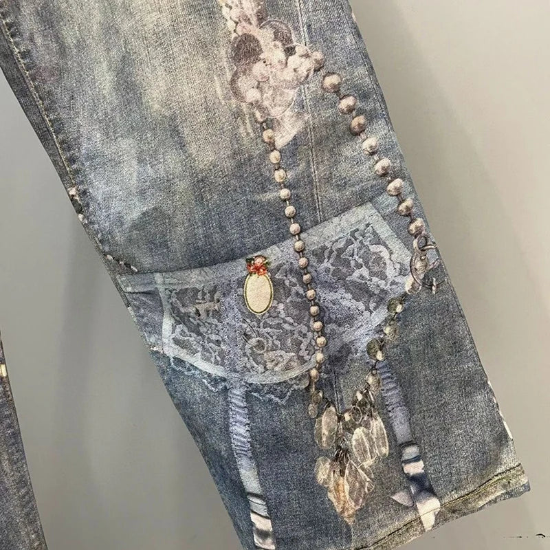 DEAT Fashionable Niche 3D Printed Lace Pearl Chain Denim Pants For Women High Waist Straight Leg Jeans Female Trendy 11A05476