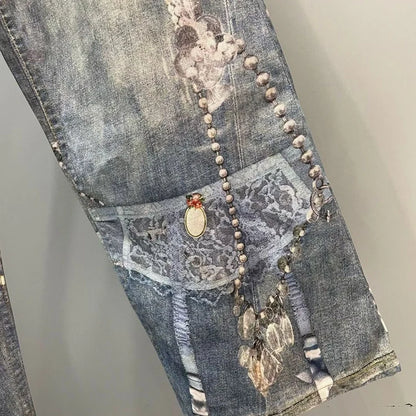 DEAT Fashionable Niche 3D Printed Lace Pearl Chain Denim Pants For Women High Waist Straight Leg Jeans Female Trendy 11A05476