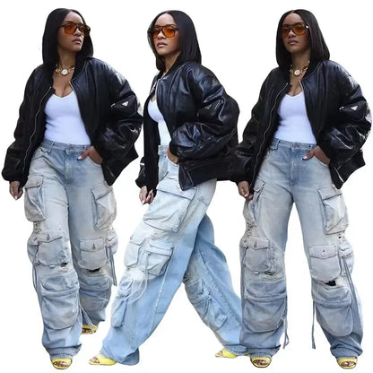 Washed Cargo Pants Women Hole Distressed Jeans Vintage Pockets Mid Waist Trousers 2024 Autumn Female Casual Denims Streetwear