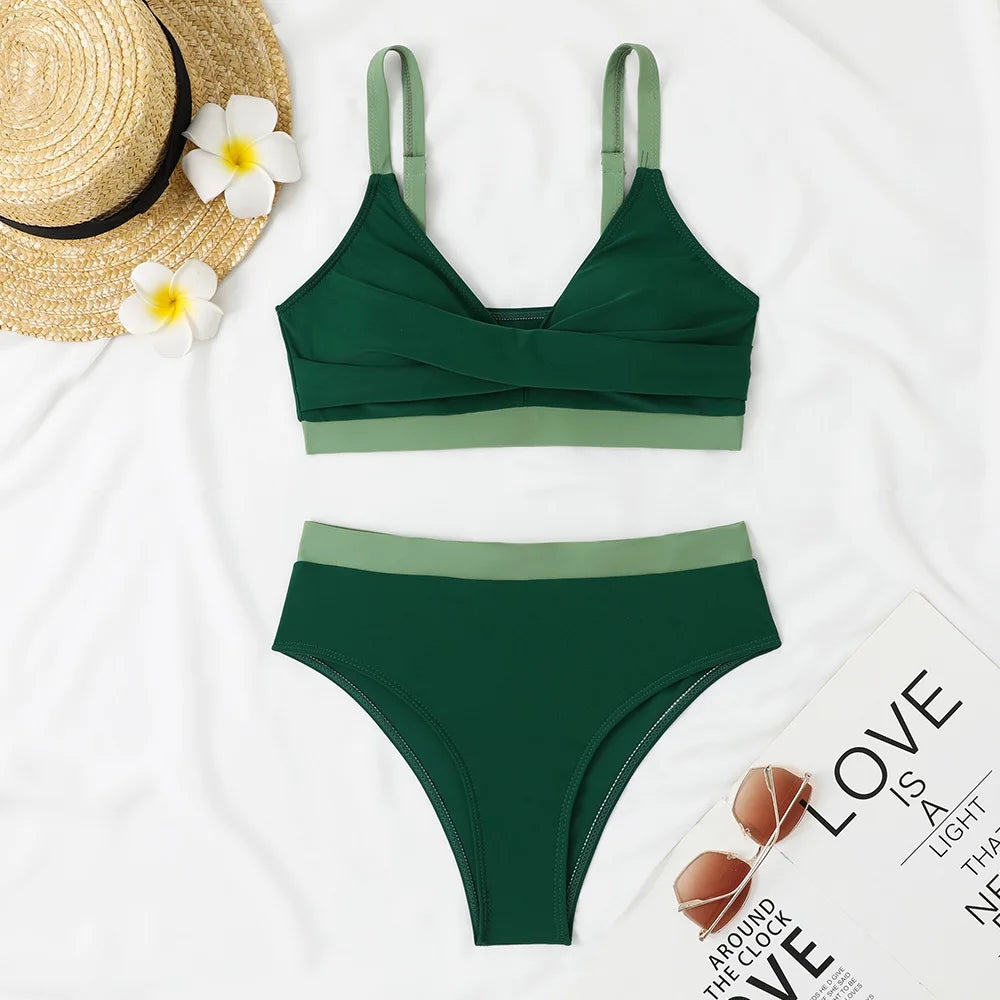 New Sexy High Waist Bikini 2025 Cross Backless Women Swimsuit Solid Tight Beachwear Bikini Set Seaside Sling Pool Swimwear