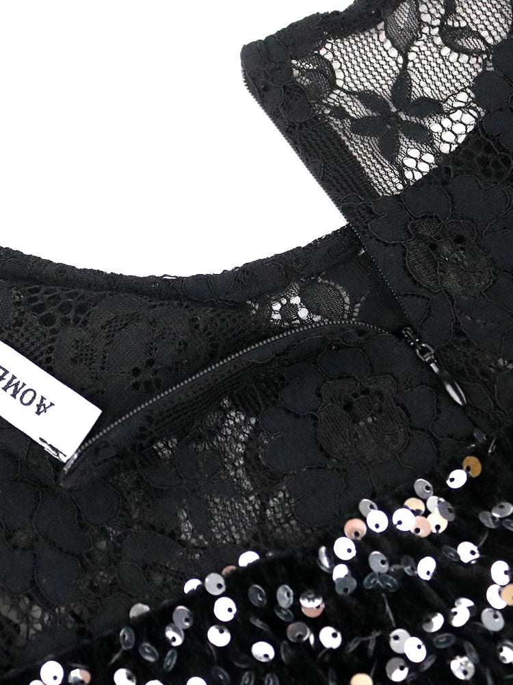 AOMEI Black Velvet Dress Women Sequin Glitter Vintage Cold Shoulder Lace Long Sleeve Shiny Prom Luxury Bling Evening Party Gowns