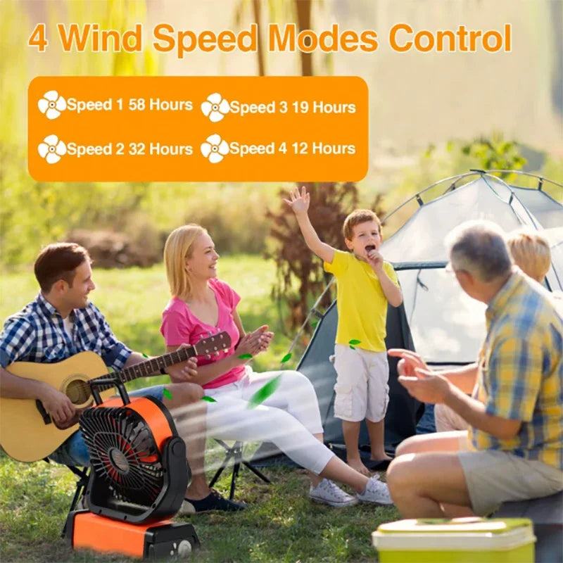 Portable Outdoor Electric Fan with LED Light, 10000mah Battery, USB Charging, Camping Fan with Hook, Ideal for Hiking, Fishing,