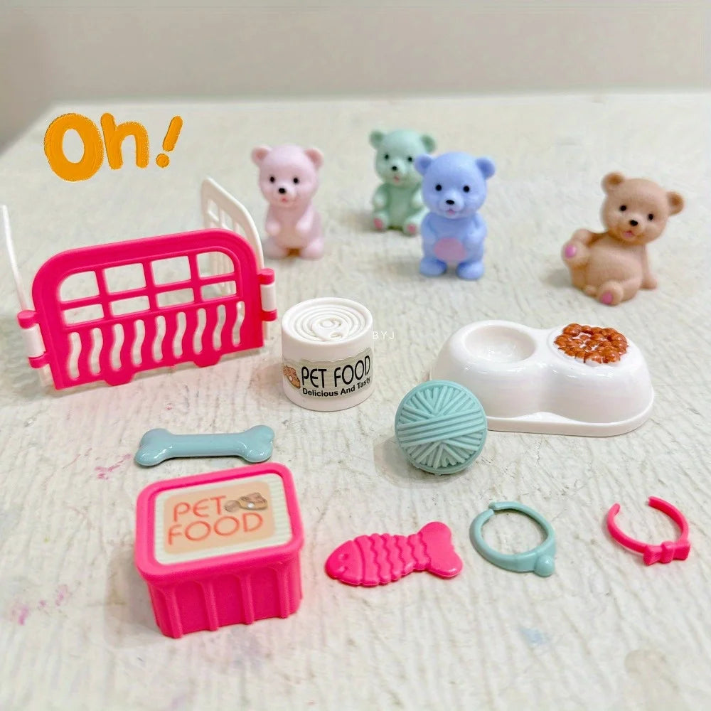 Children's Play House Toys with Teddy Bears Pet Bathrooms Scene Little Girls Family Pet Toys Gift for Kids