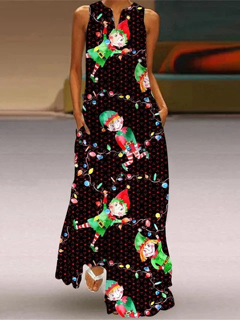 Christmas Tree 3D Printing Dress Fashion Sexy Sleeveless V-neck Long Dress Casual Party Maxi Female Dress Street Fashion Dresses