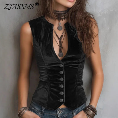 Autumn Winter Solid Velvet Women's Vest Jacket Elegant V Neck Button Top Cardigan Casual Sleeveless Slim Vintage Outerwear Coats