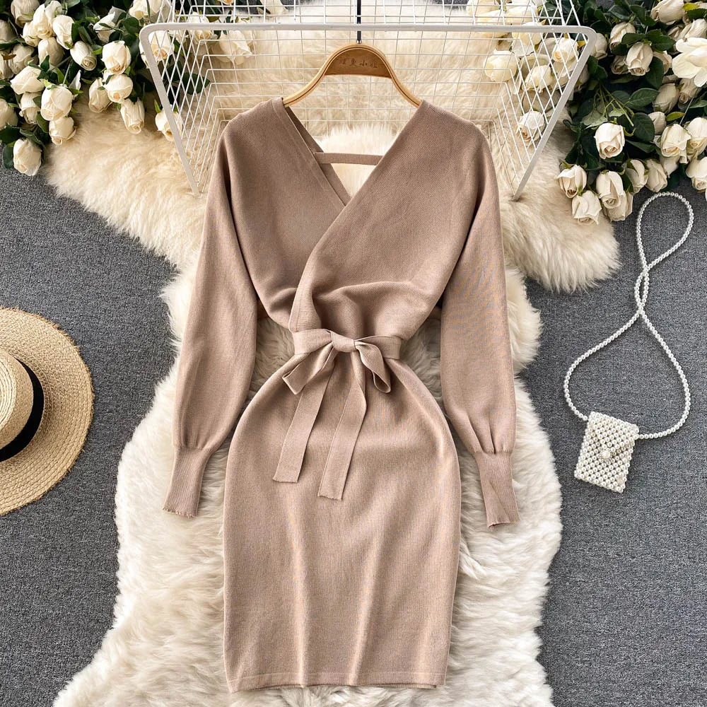 YuooMuoo Women Dress 2025 Autumn Winter Elegant Sash Bandage Bodycon Mini Dress Chic Fashion Y2K Knitted Ladies Dresses Party