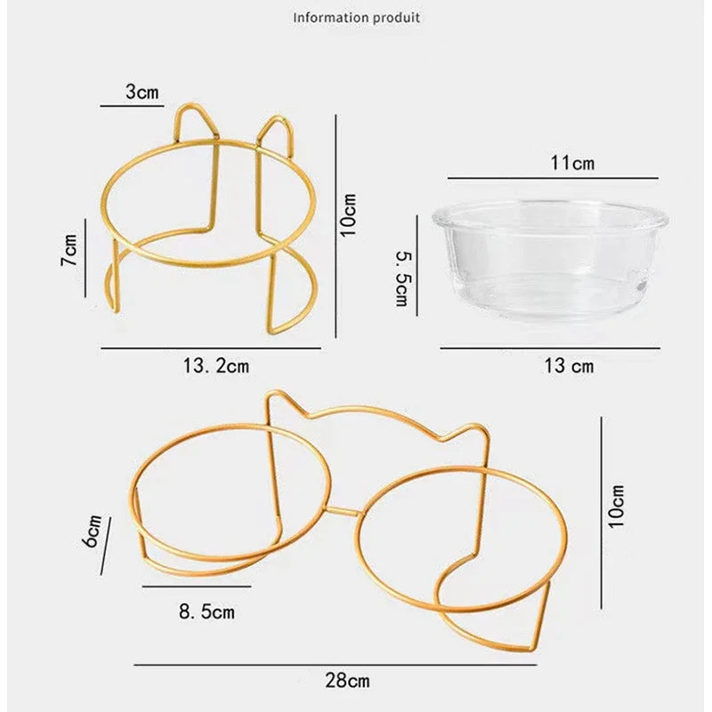 2x300ml Double Glass Cat Dog Bowl Puppy Food Bowl with Iron Frame Gold Stand Raised Water Feeder Bowl Pet Supplies Accessories