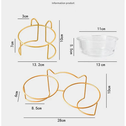 2x300ml Double Glass Cat Dog Bowl Puppy Food Bowl with Iron Frame Gold Stand Raised Water Feeder Bowl Pet Supplies Accessories