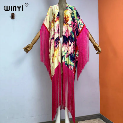 WINYI kimono cover-ups summer boho print Bikini Cover-up Elegant fashion Cardigan sexy Holiday long Sleeve tassels maxi dress