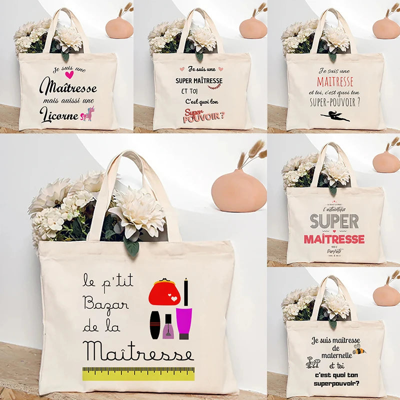 Teacher Theme Tote Bag Inspired School Shoulder Bag with French Style Design, Educational Motif Handbag Cadeau Maitresse D'école