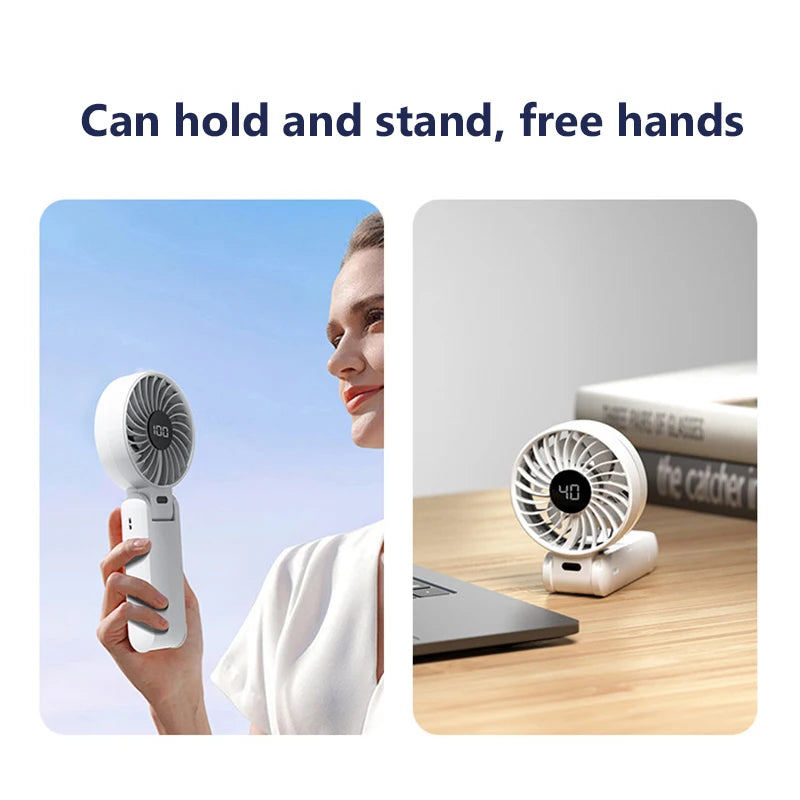 Foldable Handheld Fan with Digital Display, USB Rechargeable, Portable Mini Fan, Strong Airflow for Home and Travel