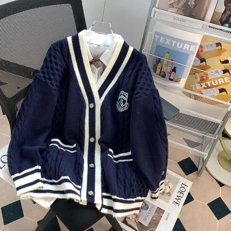 College Style V-neck Cardigan Sweater Jacket New Style Women's Autumn and Winter Wear Loose and Lazy Outer Knitted Top