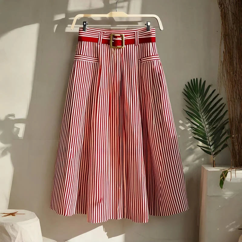 Red Striped Skirt Women Spring Summer High Waist A-Line Skirt Ladies Casual Mid-length Skirt With Belt