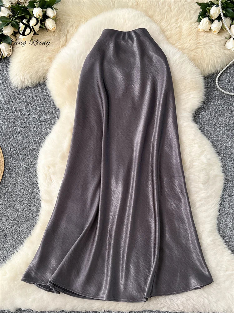 SINGREINY Senior Solid Satin Skirt Elastic Waist 2025 Newest Frence Elegant Women Fashion Basics Office Lady Skinny Midi Skirt