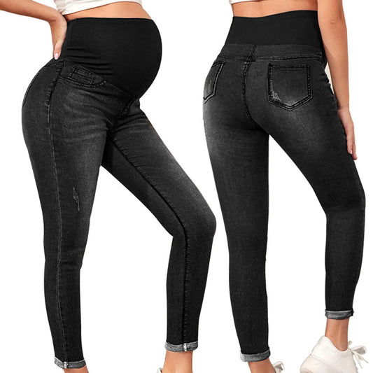 Pregnant Women Jeans High Waist Support Belly Maternity Hip Lifting Elastic Denim Pants Shorts for Daily Work Street Loungewear