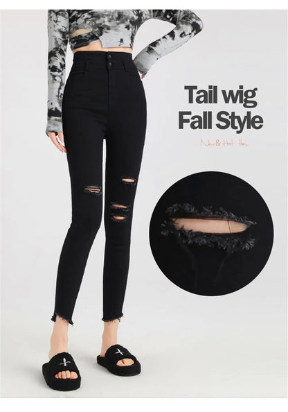 Women Button Fly Jeans Black High Waisted Ripped Jean Stretchy Thicken Denim Dress Pants Distressed Jeans Casual Style ouc046