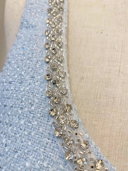 Autumn Winter Sexy Hollow Out Bow Beading Diamonds Chain Short Tweed Dress For Women Sleeveless Quality Prom Evening Dresses