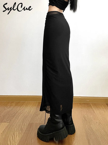 Sylcue Black Simple All-match Casual Commuter Summer Street Travel Cool Youth Vitality Tight Sexy High-elastic Women's Skirt