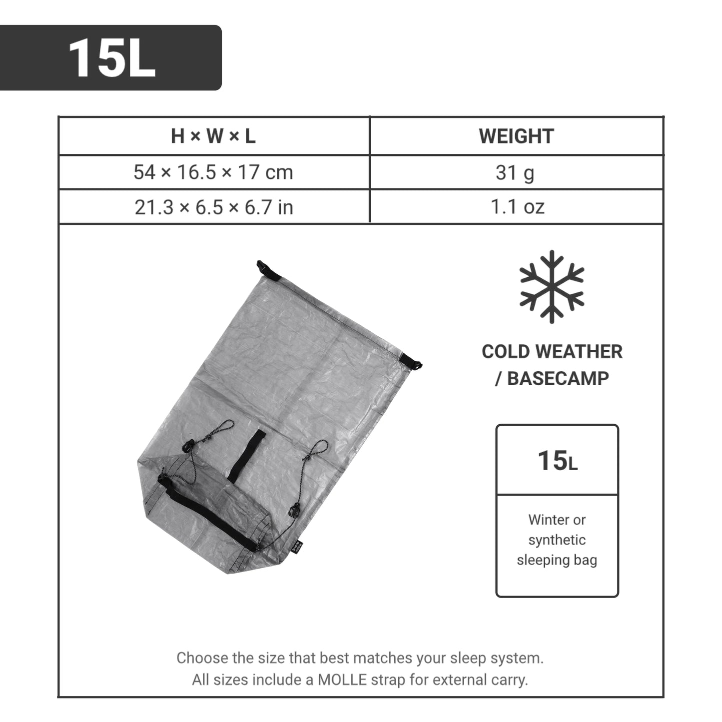 [HODR] Dyneema Compression Sack for Sleeping Bag Storage Sack DCF Waterproof Roll-Top for Sleeping Bags, Camping Gear Storage