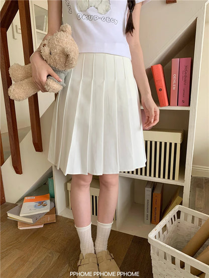 Women's Summer Streetwear Knee Length Pleated Skirt Lady School Style High Waist A Line Mid Length Skirt