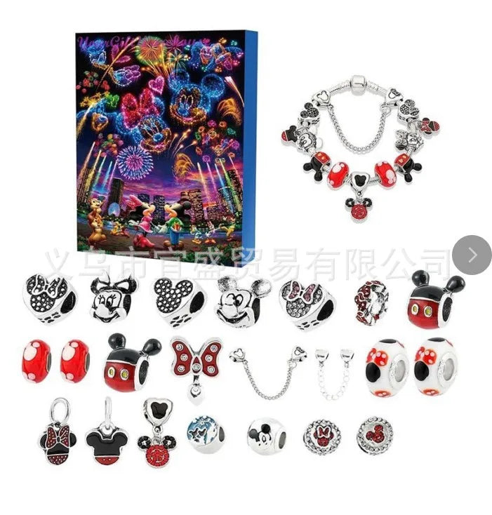 Disney Stitch Mickey Mouse Adventskalender-Armbänder, 24 Tage Countdown, DIY-Schmuckherstellung, süßes Weihnachtsgeschenk