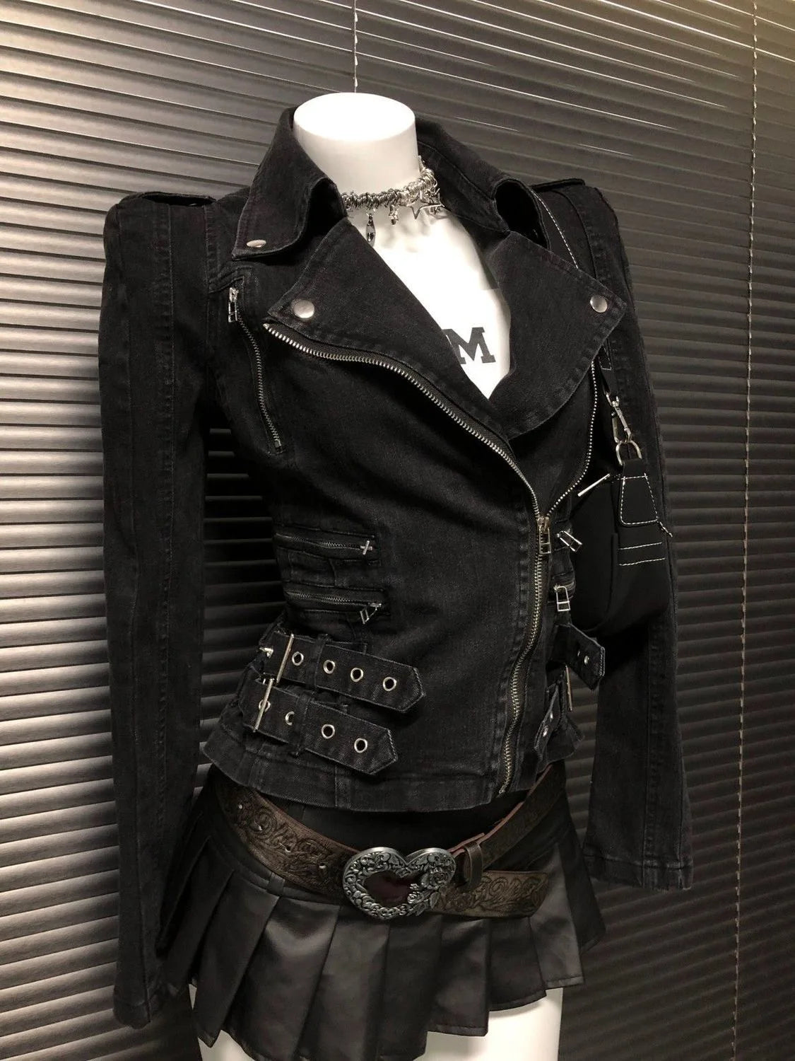 Y2K Gothic Black Coat  Bomber Jacket Women Harajuku Vintage Turn Down Collar Denim Jacket Punk Diagonal Zipper Motorcycle Jacket